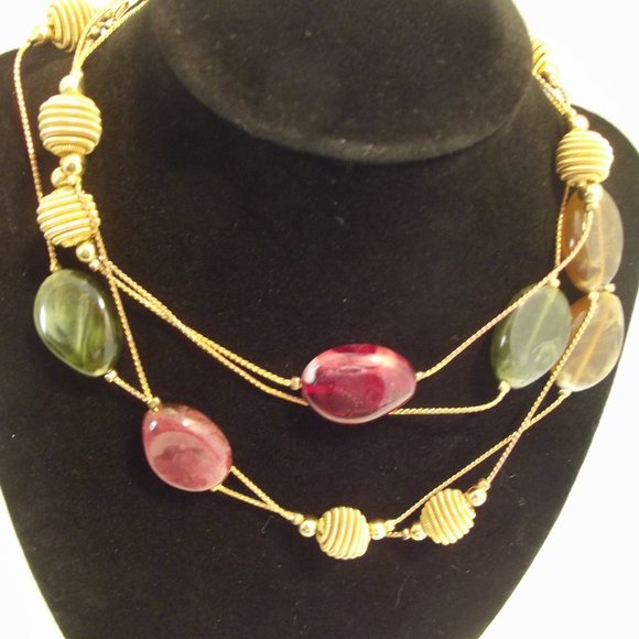 Extra LONG Gold Tone Chain Necklace Amber Cranberry & Green Tones with Gold - Picture 1 of 9